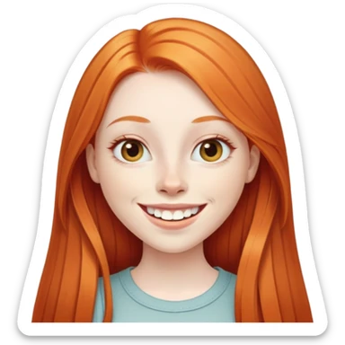 traditional emoji of young girl with very pale skin, long straight bright ginger red hair, elongated almond-shaped eyes, long nose, big smile with large prominent teeth showing, classic round face sticker