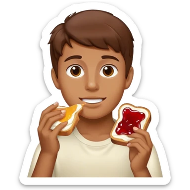 boy with brown hair eating toast with cream cheese and jelly  sticker