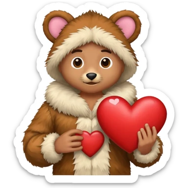 man in furry costume holding heart sticker