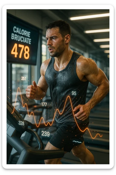 Uomo atletico su tapis roulant in palestra, visibilmente sudato, in piena corsa. Sullo sfondo uno schermo digitale che mostra 'Calorie bruciate: 478'. Intorno al corpo dell’uomo si vedono numeri fluttuanti e grafici energetici, come se si stessero misurando in tempo reale le calorie consumate. Atmosfera dinamica, luce intensa da palestra, sensazione di movimento e impegno. IN ITALIANO sticker