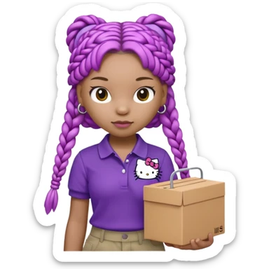 hello kitty wearing purple polo shirt and kyaki pants with long box braids sticker