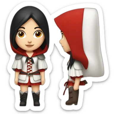 White girl long straight black hair with white streak hair and red ridding hood sticker