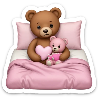 Brown teddy bear cuddling with a light pink teddy bear in bed sticker