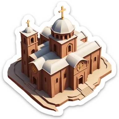 iOS emoji style HD illustration of the Church of Saint George, Lalibela, Ethiopia, top-down perspective, iconic cross shape, minimalistic lines, vibrant colors sticker