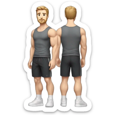 Full height Pale skinned muscular man With Realistic eyes and mouth, light brown hair and stubble In dark gray sleeveless mike, black oversize sports shorts, watch and white sneakers. sticker