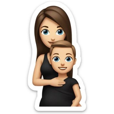 white woman, wearing a black dress and boots, stylish, with straight long mid hair, dark brown hair, blue eyes, round face, uni-lips. holding her baby boy, one year old, brown skin, bit of hair straight brown smiling sticker