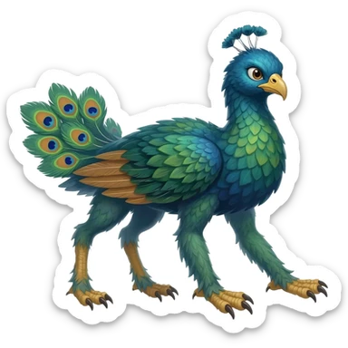 4-four legged (two frontal bird legs, two furry hind leg paws), Fantasy-Peacock-Gryphon-animal-hybrid-creature sticker