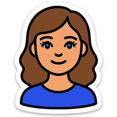 An icon-style emoji of a brunette girl with medium, slightly wavy hair, normal skin tone, a button nose, beautiful blue eyes with eyelashes, with a slight smile. sticker