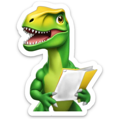 Angry green T-Rex dinosaur with a yellow folder in his hand sticker