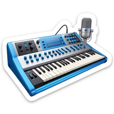 Create a professional and detailed emoji that represents sound design. The design should feature a high-end studio synthesizer (like the Korg), a sound mixing console with visible wires, large studio speakers, and a microphone to symbolize the essential equipment in sound design. Add musical note waves flowing around the equipment to emphasize the connection between sound creation and musical composition. Use sleek, modern colors like black, silver, and neon blue to represent the professional and futuristic nature of sound design. The background should be transparent. sticker