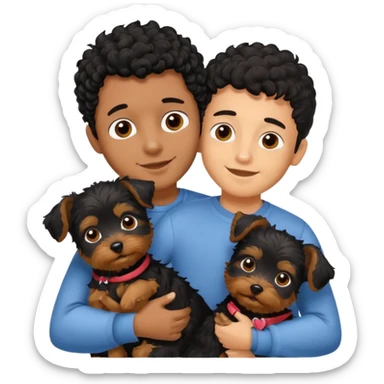 Young man with little brown skin, black curly hair, cheerful dark brown eyes, hugging two yorkie terrier  sticker
