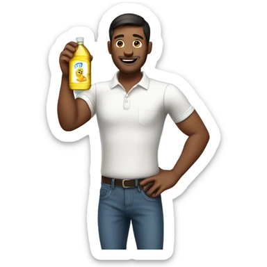 Male holding clear bottle of cooking oil  sticker