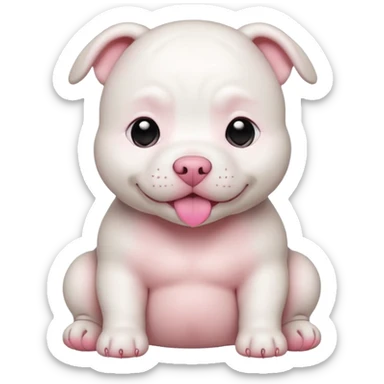 chubby white baby pitbull with a belly sticker
