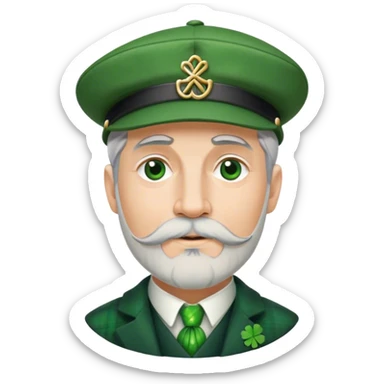 Tall grey haired man with goatee wearing a green peaky hat and kilt st. Patrick’s Day sticker