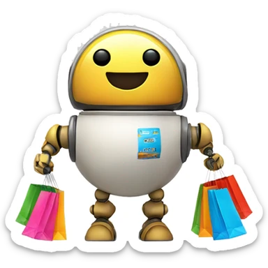 cute sphere shaped happy robot with shopping bags sticker