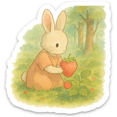 bunny picking strawberries in the woods, sweet pastel red, soft ghibli style sticker