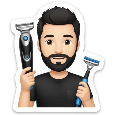 smiling young fair-skinned man with messy black hair and beard, wearing a black t-shirt, holding a single face beard trimmer in one hand, trimmer true to real size sticker