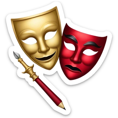 Create a bold and dramatic emoji representing the art of playwriting. The design should feature an open script or a theater playbook, with stylized text inside. Include elements like a theatrical comedy and tragedy masks, a stage spotlight, or a writting quill to symbolize creativity and performance. Use deep, contrasting colors like red, black, and gold to evoke the intensity and passion of drama. The overall design should feel dramatic, inspiring, and artistic. Make the background transparent.
 sticker