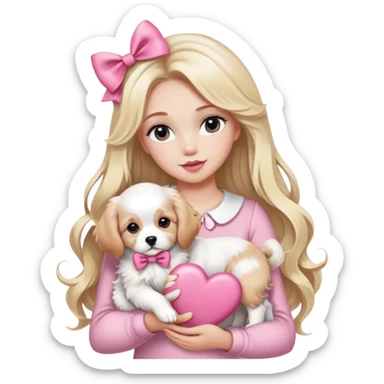 Pretty blonde bombshell girl with long hair and highlights. She has long eyelashes and a pink bow in her hair. She is holding a cavalier puppy and a Great Pyrenees puppy in her arms and there is a huge heart behind her sticker