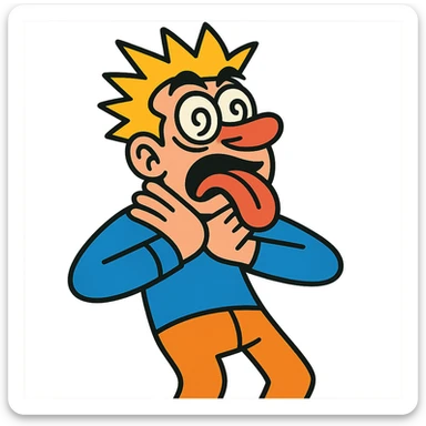 exaggerated slapstick person with crossed eyes, tongue out, hands on neck, comic style, playful and humorous sticker