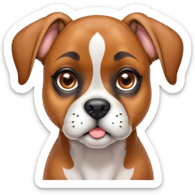Cinematic Cute Fawn Boxer dog Portrait Emoji, Head tilted playfully and inquisitively, with a glossy fawn Fur highlighted by a white muzzle and chest, round, sparkling brown eyes filled with curiosity, Simplified yet irresistibly adorable features, highly detailed, glowing with a warm, friendly glow, high shine, affectionate and lively, stylized with a touch of whimsy, bright and endearing, soft glowing outline, capturing the essence of a mischievous yet loving pup, so playful it feels like it could bound out of the screen and into your arms! sticker