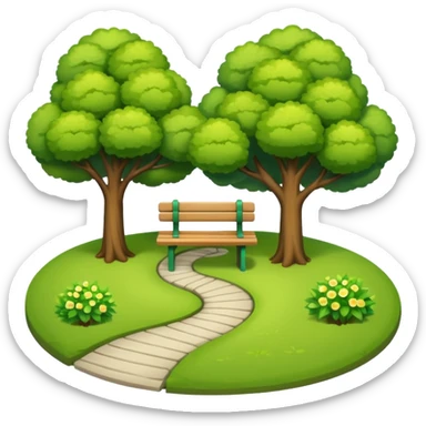 green park with trees, bench, and path, clean and vibrant sticker