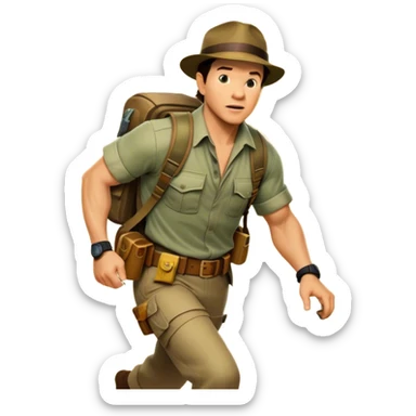 A vintage movie poster-style collage. Include action-packed elements like a treasure map, jungle scenes, a rugged explorer with a compass and a speeding jeep. Add a shadowy figure resembling close-up Mark Wahlberg in adventurous gear. Jungle background. Transparent background. sticker