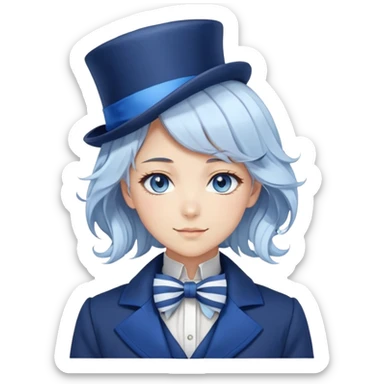 Beautiful gorgeous anime lady with white wavy hair with thin blue stripes, blue eyes, blue short top hat with a blue bow tie, smug grin, blue coat, blue cravat, white gloves sticker