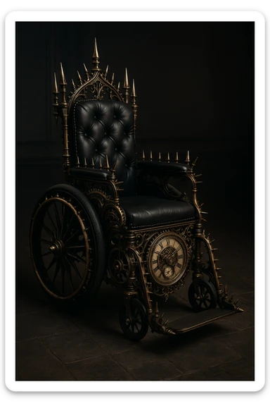 gothic steampunk wheelchair, intricate clockwork, black leather, spiked accents, vintage style sticker