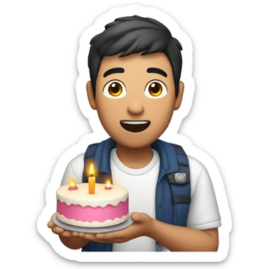 Asian guy scared while holding a cake with candles in his right hand and a lotion bottle in his left hand sticker
