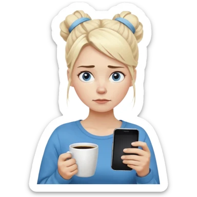 Cartoon emoji of a Scandinavian-looking woman with light blonde hair, pale skin, blue eyes. Portrait mode. Messy bun, tired eyes, tense face. Holding phone and coffee, rushed posture. Clearly busy, overwhelmed, slightly miserable. Smooth, simple, stylized sticker