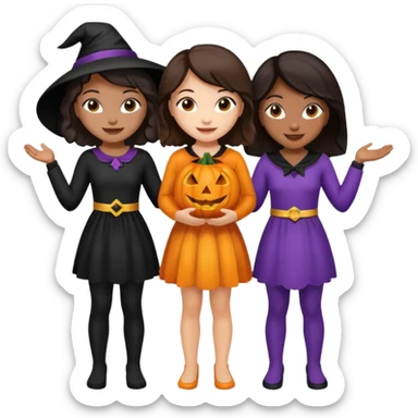 Three best girlfriends cute Halloween with dark brown hair. One African-American, one Asian, one Caucasian. sticker