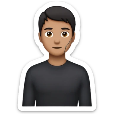 Minimalist emoji-style sticker of a person standing in front of a cracked mirror. The mirror shows a dark shadowy silhouette or distorted figure instead of a reflection. Flat black and white design with muted gray tones. No text. Bold, clean lines. Square composition. No shading or gradients. sticker