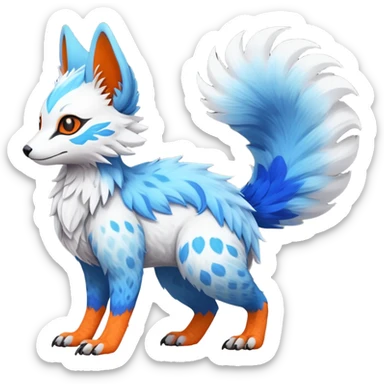 Rare realistic exotic white and neon-blue and neon-orange epic pretty beautiful handsome gorgeous aesthetic colorful vibrant Vernid-Trico-species-Fakemon-creature by LiLaiRa, 4 legs, 1 tail, random markings, (full body) tufted tail  sticker