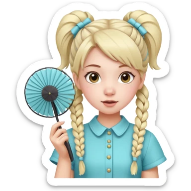A pigtail girl in modern outfit using a pastel fan with playful expression. sticker