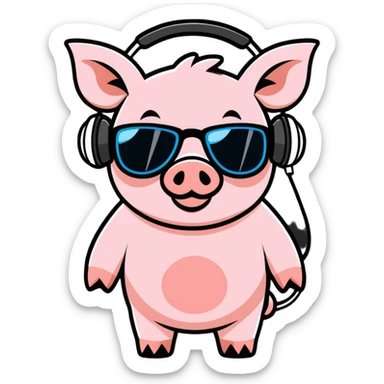 a cool pig playing music with headphones and sunglasses sticker