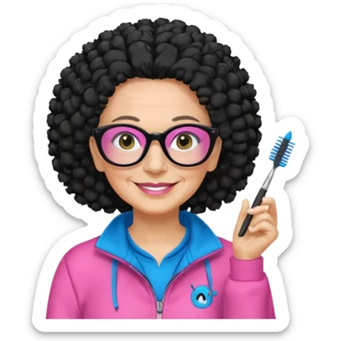 FEMME FRISÉ 60 ANS CHEVEUX NOIR FRISÉ LONG SOURIANTE AVEC CHANDAIL ROSE,   YEUX BLEU ET UN PINCEAU À LA MAIN LA MAIN AVEC 5 DOIGT SEULEMENT ET LUNETTE sticker