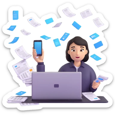 person holding a phone in one hand, laptop open in front, storm of receipts, invoices, and reminders swirling around, multitasking chaos sticker