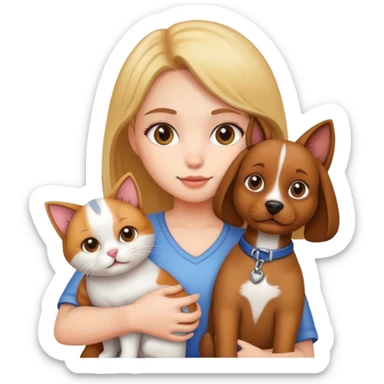 Girl holding a cat and a dog sticker
