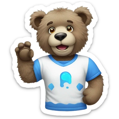 Blue fuzzy bear wearing a gaming shirt waving  sticker