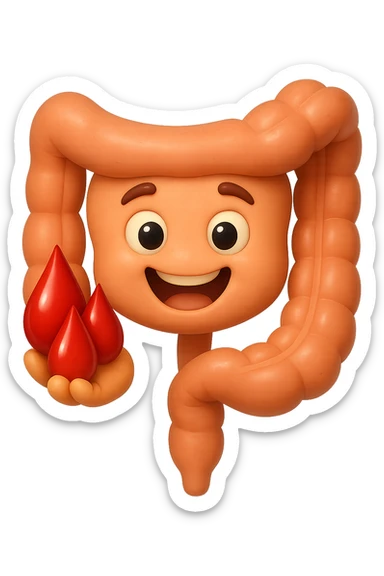 emoji stile iphone 3d di stomaco e intestino collegati verticalmente con 3 gocce di sangue 3d in mano, iperrealistiche 4k sticker