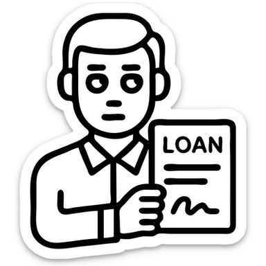 man committing loan perjury, with a document and shifty eyes sticker