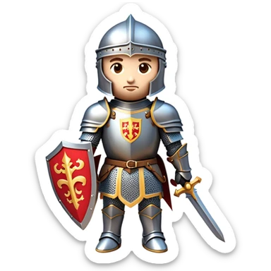 Clash of Clans aesthetic: Cinematic heroic Armored Knight Hero Emoji, rendered in a 3D vector-style similar to standard emojis with minimal shading and bold, simplified shapes. A compact, isometric warrior clad in gleaming plate armor with intricate heraldic details, softly glowing with a chivalrous medieval charm. Simplified yet unmistakably iconic, highly detailed and consistent, glowing with a soft radiant shine and high polish. Stylized with a touch of noble valor and a soft glowing outline, wearing a full face helm so that no face is visible with only eyes visible, capturing the essence of a gallant knight ready for honorable battle with a friendly, playful manner! sticker