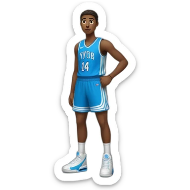 Un adolescent brun qui joue au basketball avec des nike et un maillot bleu avec le numéro 14 écrit dessus dans le style de IOS sticker