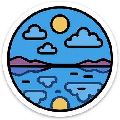 icon style of Uyuni salt flat desert with sky reflection, clear sky and clouds, water reflecting the sky, mystical and peaceful atmosphere sticker