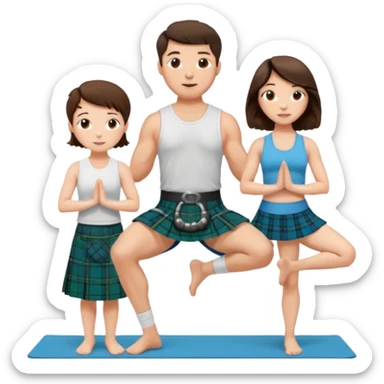 emoji of brunette man wearing kilt, brunette woman in yoga outfit and white cockapoo sticker
