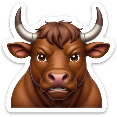 Cinematic Noble Brown Bull Portrait Emoji, Poised and regal, with a massive, muscular build and a sleek, well-groomed rich brown hide, deep-set soulful dark eyes, Simplified yet sharp and sophisticated features, highly detailed, glowing with a soft, dignified glow, high shine, intelligent and formidable, stylized with an air of strength, focused and attentive, soft glowing outline, capturing the essence of a watchful and confident guardian, so majestic it feels as though it could charge out of the screen with effortless authority! sticker
