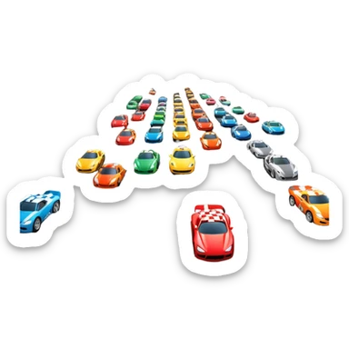 grandstands filled with cheering crowds, checkered flags waving, and traffic lights signaling the start, with a thrilling atmosphere of anticipation and speed. Sporty cars and motorcycles lined up at the starting line, ready to race, with a vibrant racetrack in the background. sticker