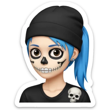 Spiky blue hair in a side ponytail wearing a black beanie with a skeleton logo on the front sticker