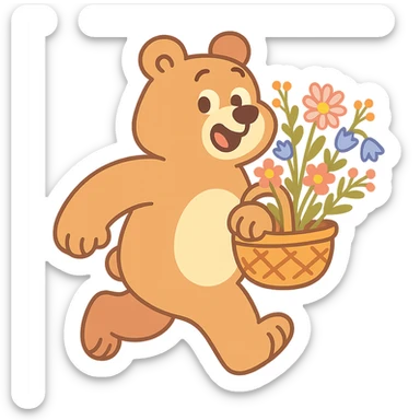 bear carrying a basket of wildflowers, soft pastel brown and cream, pastel-toon style sticker